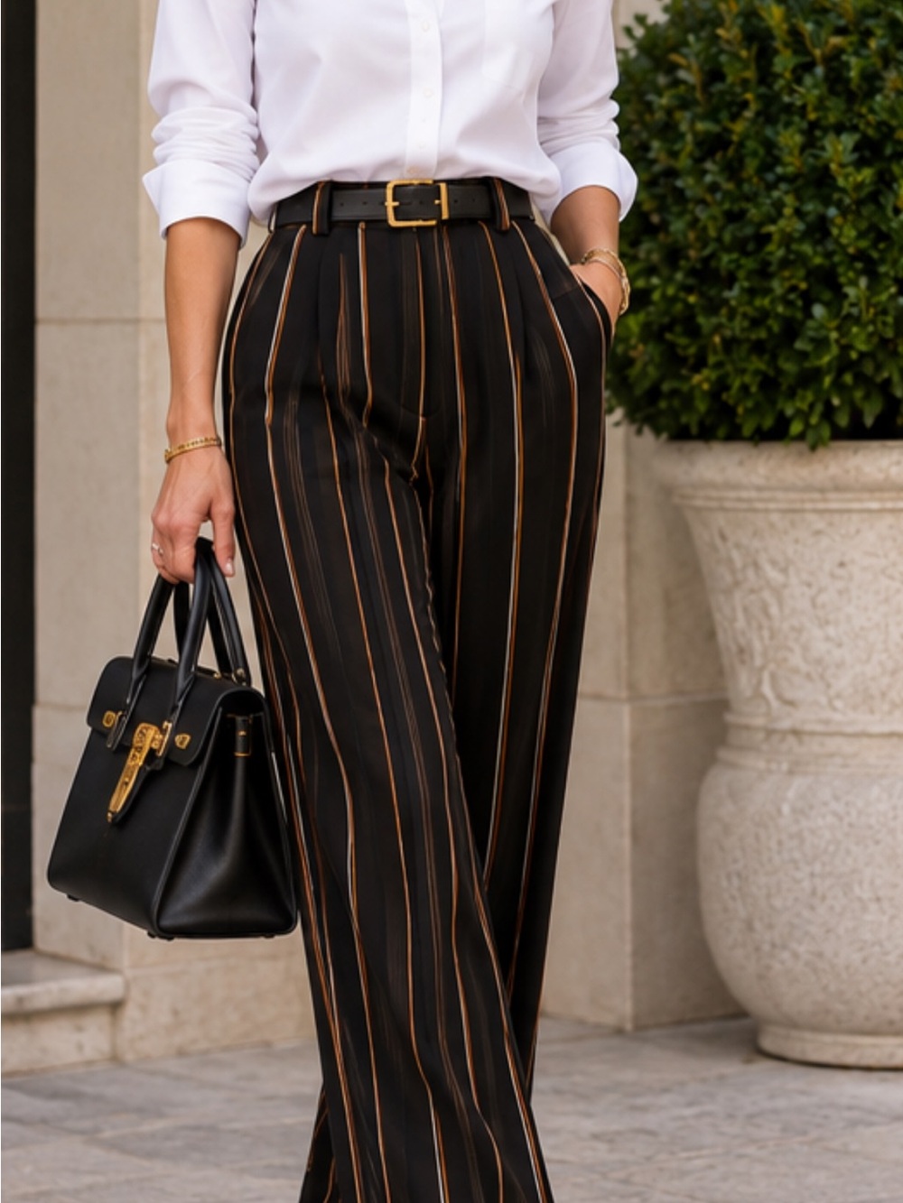 ALC Silk High-Rise Black Wide-Leg Pants with gold and cream Pinstripes